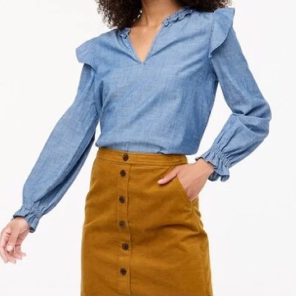 NWT J Crew Chambray Ruffle Top